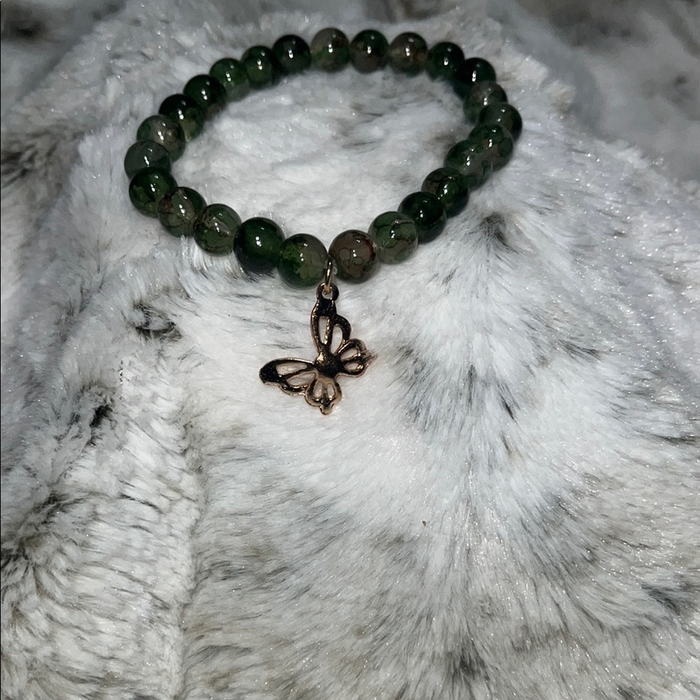 Green Beaded Bracelet with Butterfly Charm